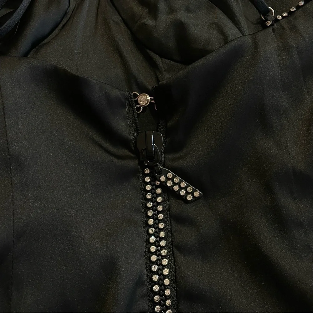 For Love and Lemon- Black Satin Sleeveless Mini Dress with Rhinestones Size S